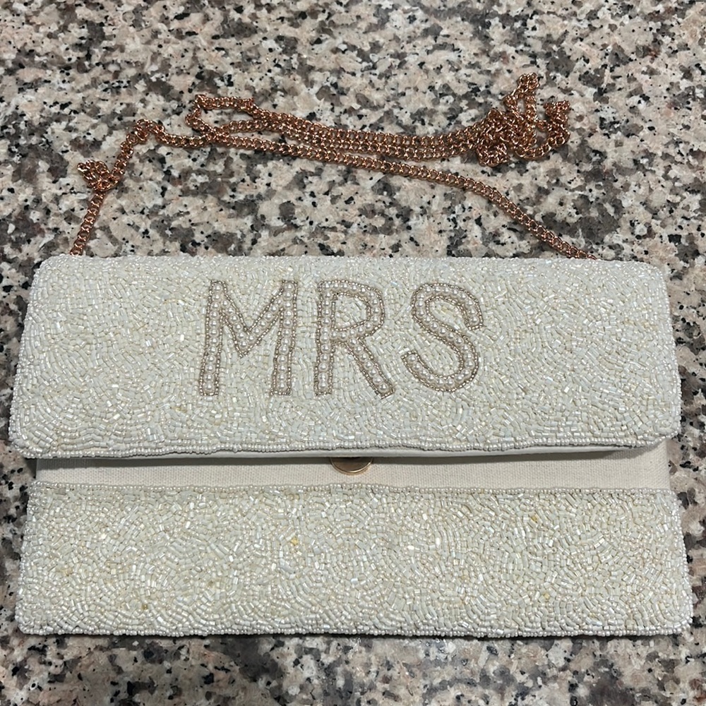 White & pearl studded Mrs clutch